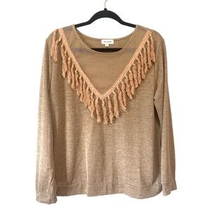 Velzera Boho Western Brown Mesh Fringe Pullover Blouse Shirt Size Small